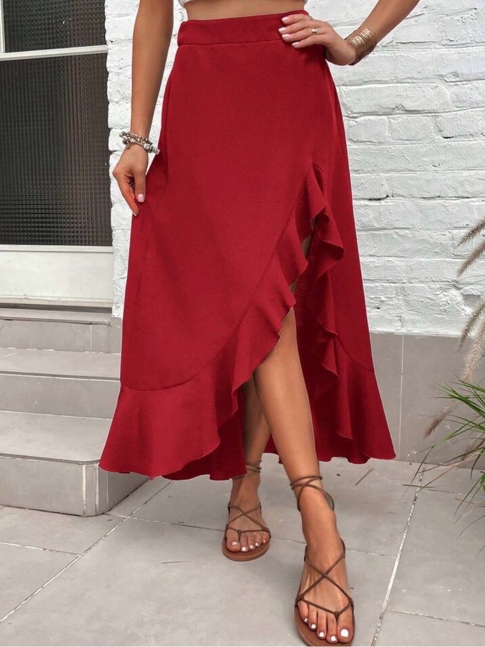 SHEIN Red Ruffle High-Low Maxi Skirt - Picture 3 of 4